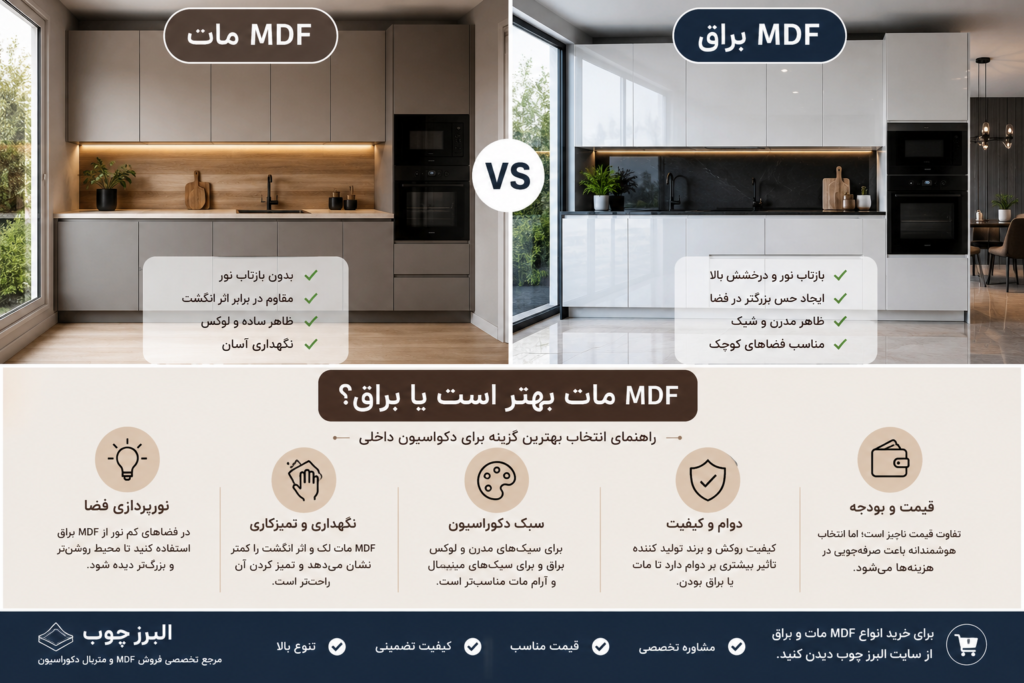 MDF مات بهتر است یا براق؟ راهنمای جامع و کامل برای انتخاب هوشمندانه